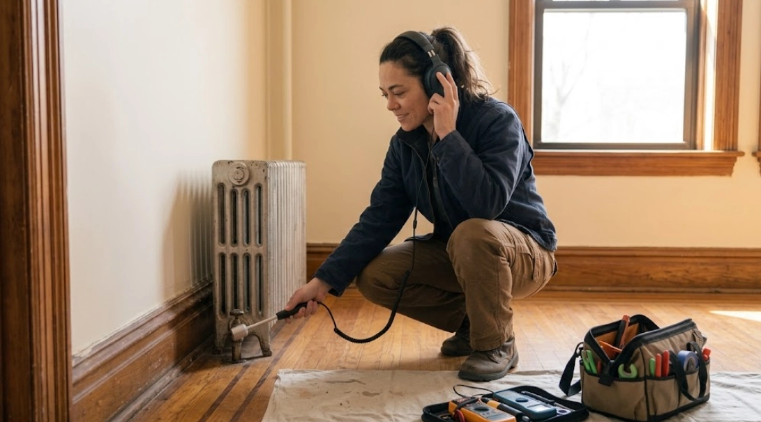Plumbing technician utilizing electronic acoustic listening equipment to locate concealed pipe leak inside wall