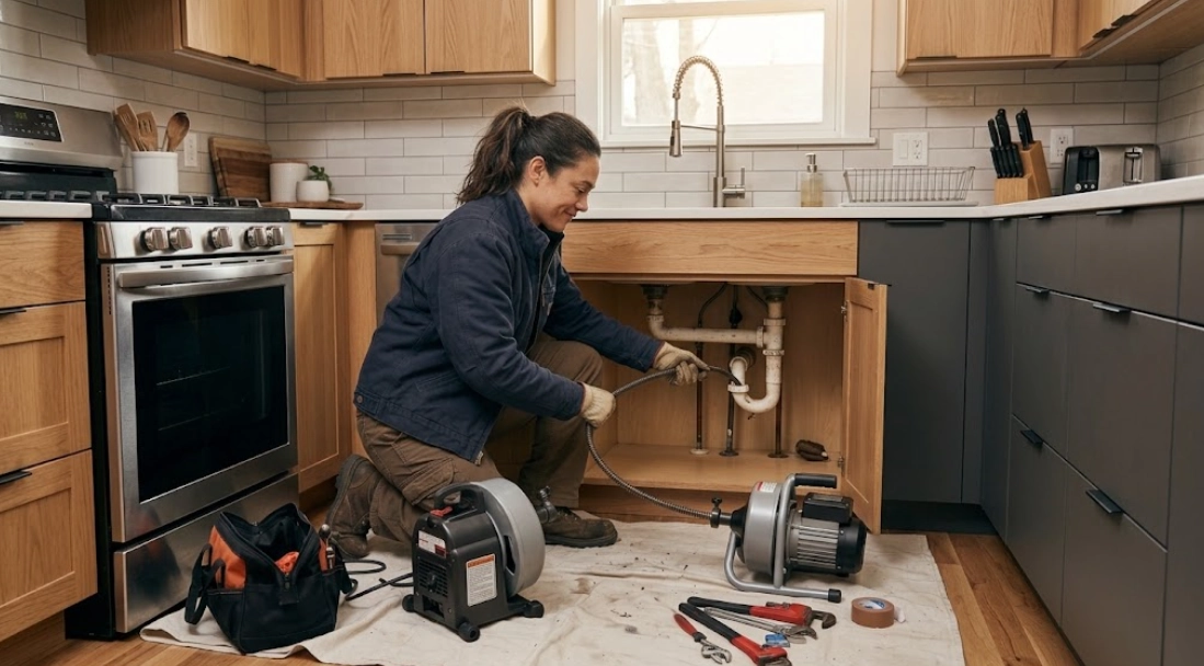 Plumber using professional motorized snake cable machine under kitchen sink to clear clogged drain line