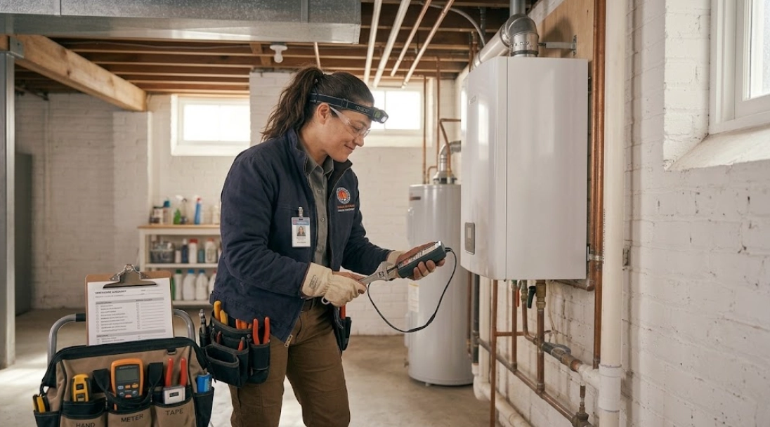 Technician inspecting residential steam boiler controls and pressure valves in Queens