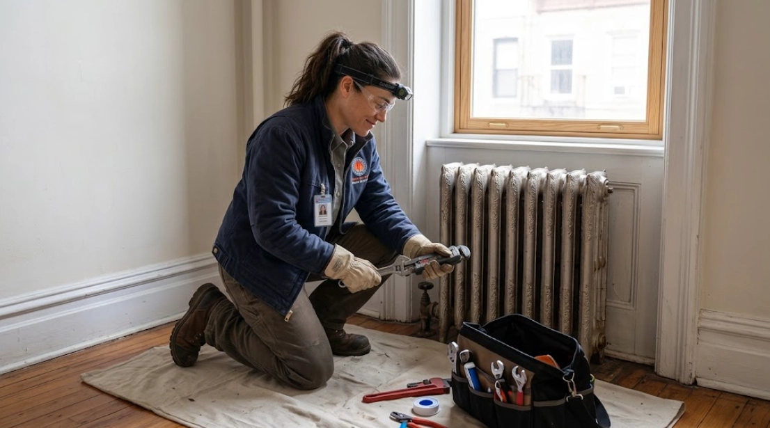 Plumber replacing a heavy-duty angle shutoff valve and air vent on a residential steam radiator